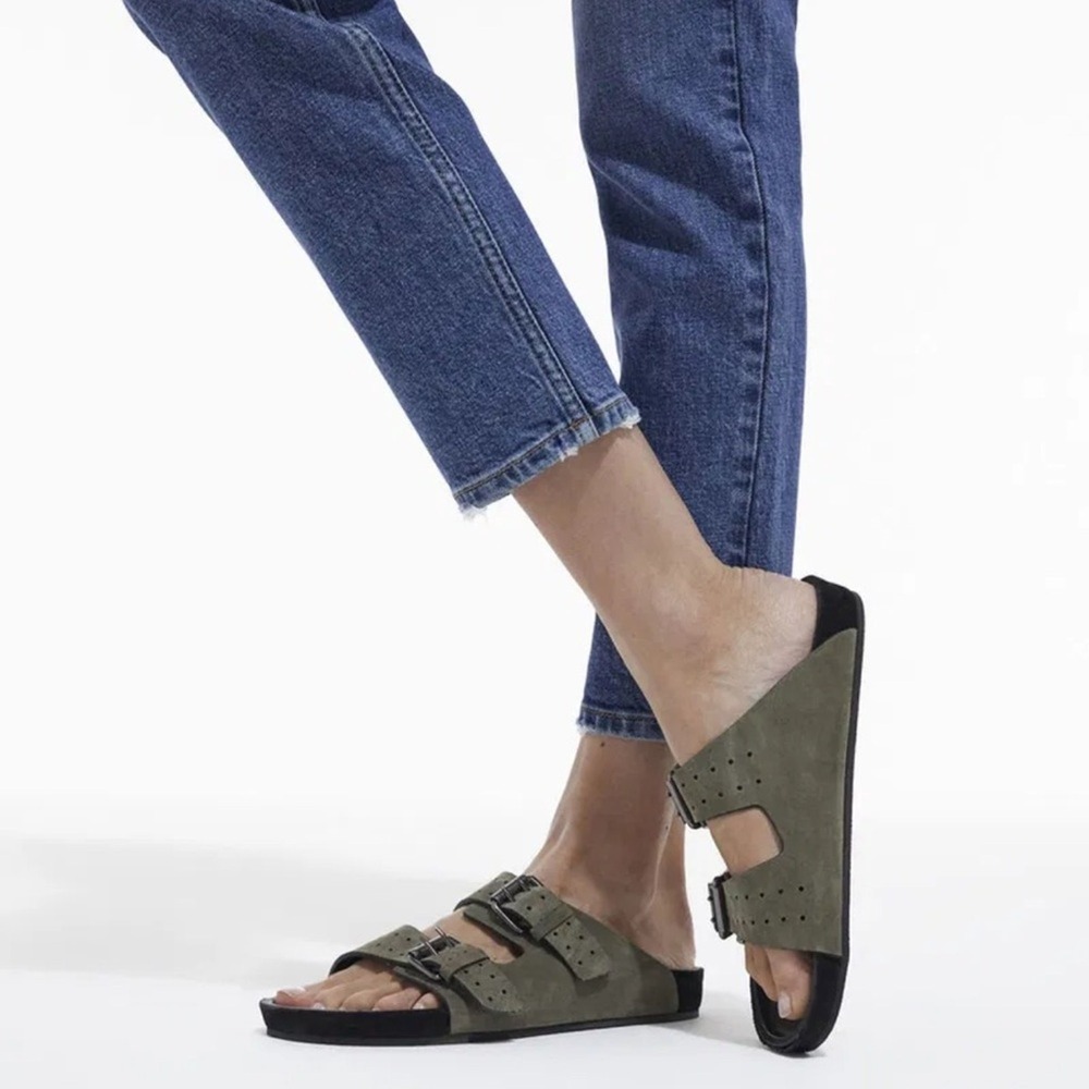 The Kooples NWB SZ 36 Kaki Vestaire Olive Green and Black Sandals w Cork Sole